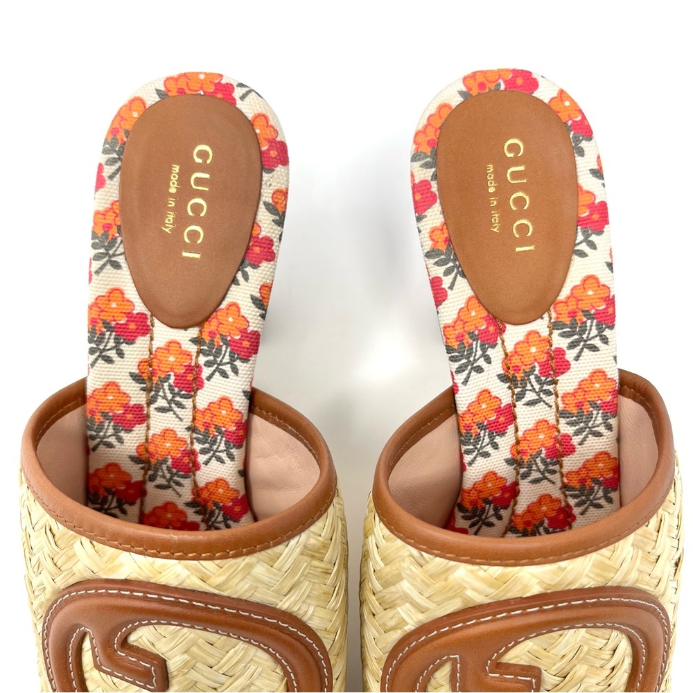 Gucci Mabel Interlocking GG Logo Raffia Sandals Slides Mules Heels Brown 37 7 - Picture 4 of 12